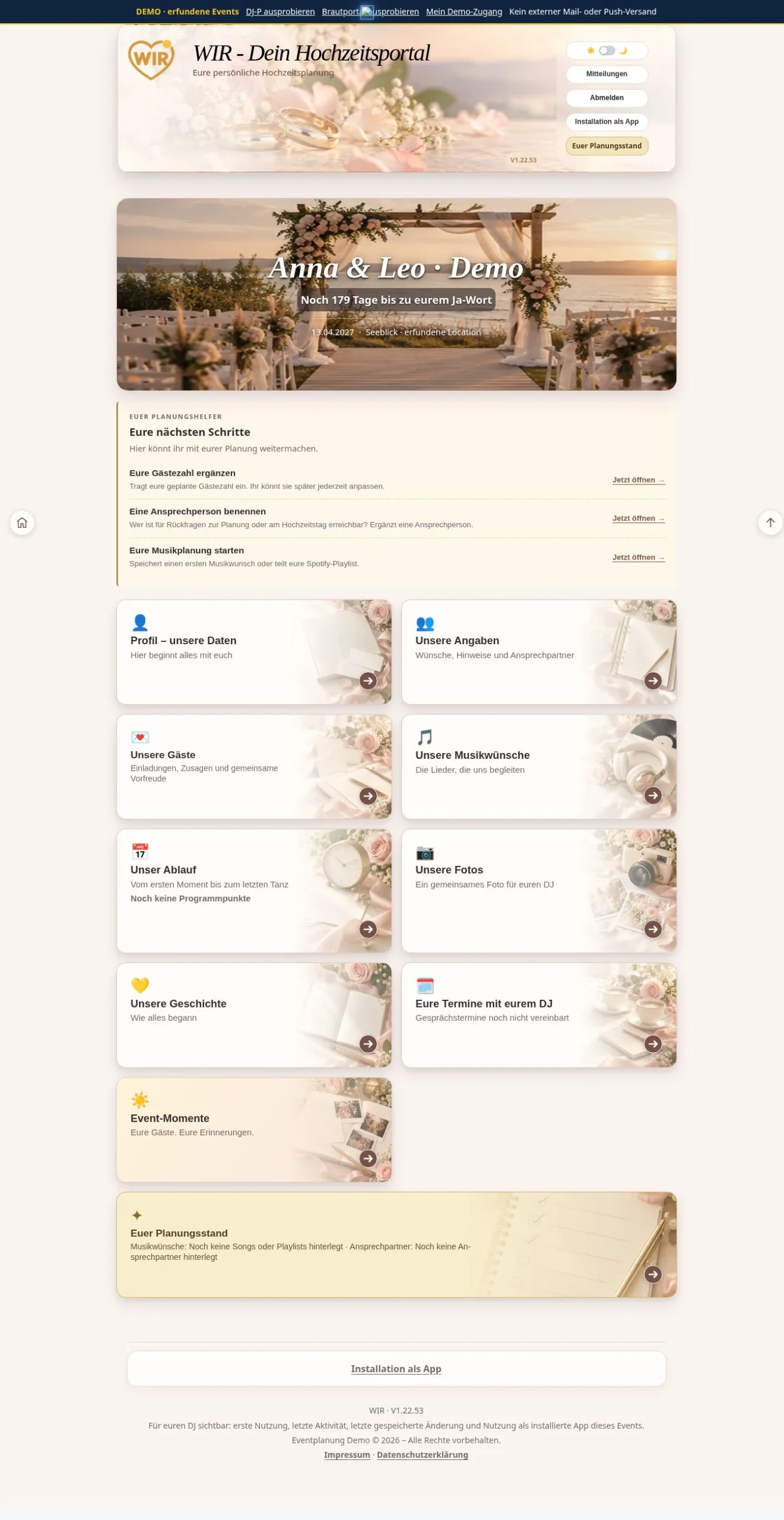 WIR.Hochzeitsportal mit Beispieldaten auf einem Tablet